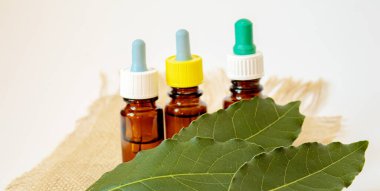 Çay ağacı küçük bir şişede gerekli yağ. Seçici odak.