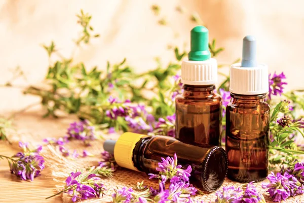 Homeopati, bitkiler ve özleri. Seçici odak.