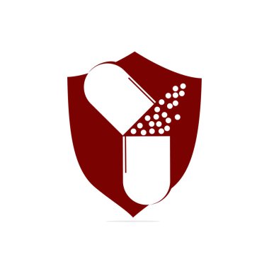 Modern tıbbi kapsül kalkanı şekilli logo taşıyıcı illüstrasyonu.