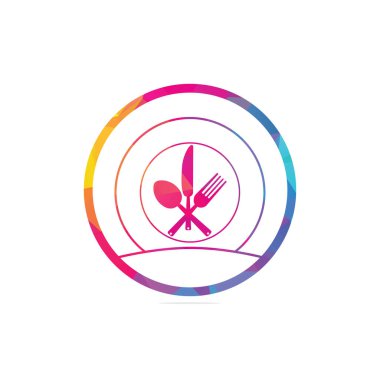 Taze gıda logosu şablonu. Yemek logosu, kaşık, bıçak ve çatal. Sağlıklı gıda logo şablonu vektörü