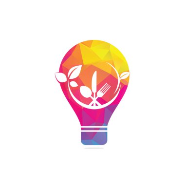 Kaşıklar, çatallar ve yeşil yapraklarla sağlıklı gıda ampulü şekilli logo şablonu tasarımı. organik gıda logosu.