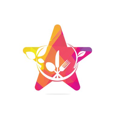 Sağlıklı yiyecek yıldızı şekilli konsept logo şablon vektör dizaynı kaşıklar, çatallar ve yeşil yapraklarla.
