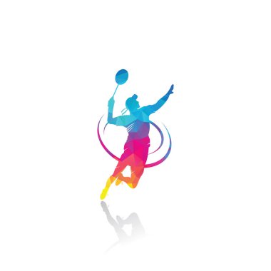 Modern Tutkulu Badminton Oyuncusunun Aksiyon Logosu Tutkulu Kazanan Anı Parçalayışı. Tutkulu Poz Veren Soyut Profesyonel Genç Badminton Sporcusu.