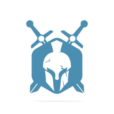 Kılıç ve Spartalı savaşçı sembolü miğfer, amblem. Spartalı miğfer logosu, Spartalı çapraz kılıç ve dümenin vektör çizimi, Spartalı gladyatör kaskı düz vektör ikonu.