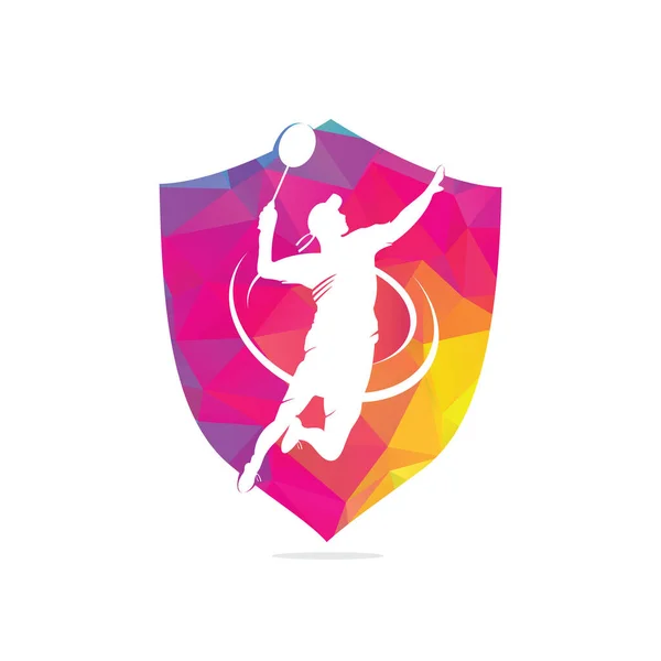 Modern Tutkulu Badminton Oyuncusunun Aksiyon Logosu Tutkulu Kazanan Anı Parçalayışı — Stok Vektör