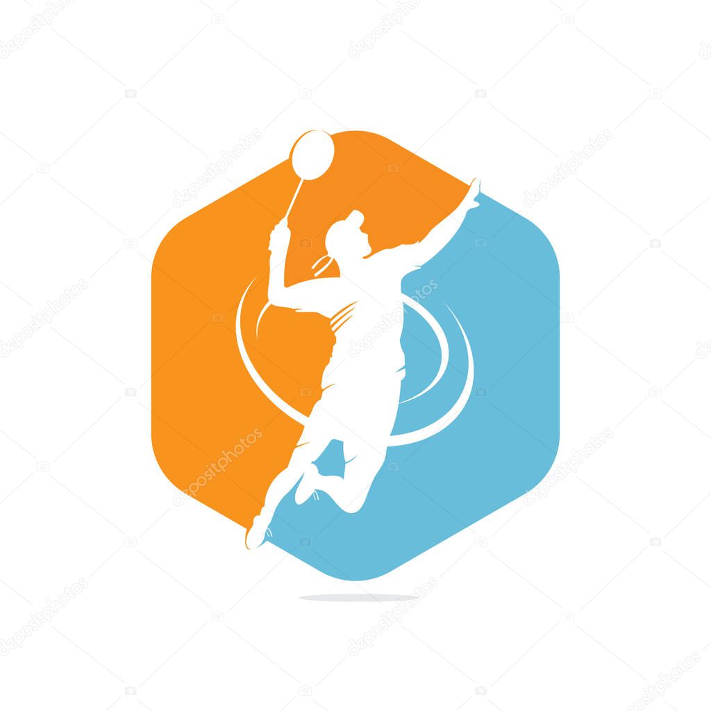 Modern Passionate Badminton Player in Action logo - Passionate Winning Moment Smash. Abstract Professional Young Badminton Athlete in Passionate Pose.