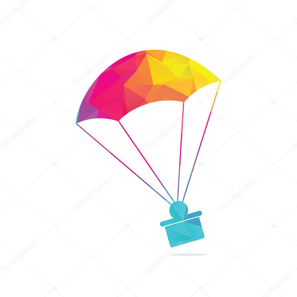 Gift delivery vector logo design. Parachute gift delivery concept emblem. Parachute logo vector illustration.