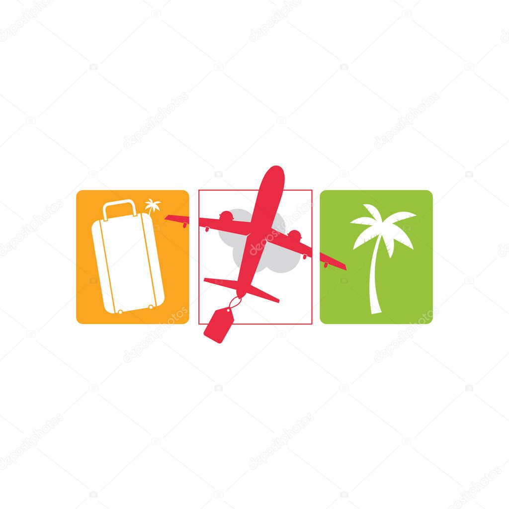 Travel logo design, Holiday bag, palm tree and airplane icon, business trip, tourism, plane vector illustration.