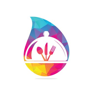 Gıda damla şekli konsept logo şablonu. Yemek logosu, kaşık, bıçak ve çatal. Sağlıklı gıda logo şablonu vektörü.