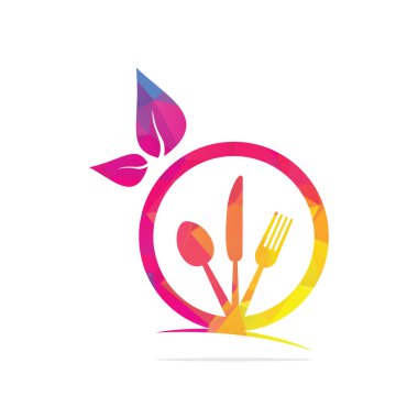 Taze gıda logosu şablonu. Organik gıda logosu şablonu. Kaşık, çatal ve bıçak şablonlu organik gıda logosu.