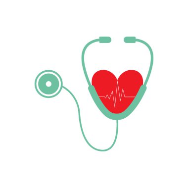 Kalp atışı olan steteskop ikonu. Kalp sağlığı ve kardiyoloji sembolü, izole vektör çizimi.