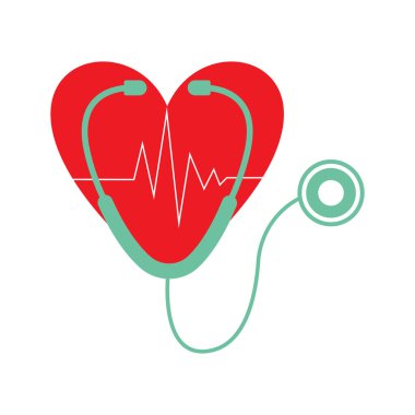 Kalp atışı olan steteskop ikonu. Kalp sağlığı ve kardiyoloji sembolü, izole vektör çizimi.