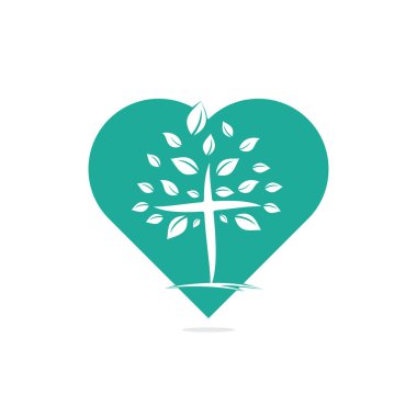 Soyut Ağaç dini haç sembolü vektör tasarımı. Kilise ve Hıristiyan organizasyon logosu. Kilise kalp şekli konsept logosu