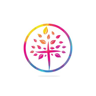 Soyut ağaç dini sembol simge vektör tasarımı çapraz. Kilise ve Hıristiyan kuruluş logosu.