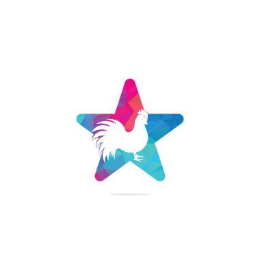 Horoz yıldızı şekilli konsept logo tasarımı. Tavuk lokantası vektör amblemi. Kırmızı sik logosu sembolü. Horoz logosu kavramı.