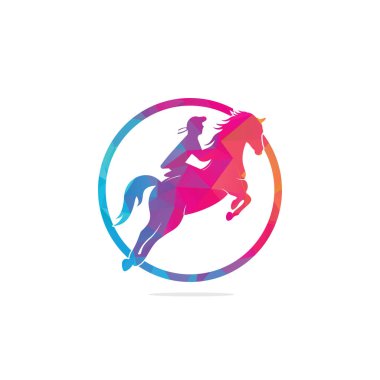 Jokey Logo Tasarım ikonlarıyla yarış atı. Binicilik sporu logosu. Ata binen jokey. Ata binme logosu.