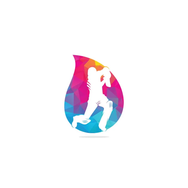 クリケットドロップ形状のコンセプトロゴを再生バットマン クリケット競技のロゴ ウェブサイトのデザインのための様式化されたクリケッターキャラクター クリケット選手権 — ストックベクタ