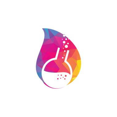 Laboratuar logo vektörü. Laboratuar şablonu. Bilim laboratuarının logosu. Şişenin içinde kimyasal madde bulunan yuvarlak deney şişesi logo tasarımı için baloncuklar oluşturuyor..