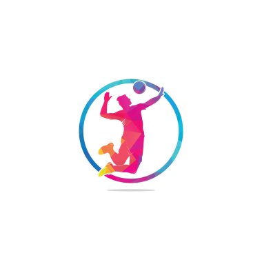 Voleybol oyuncusu logosu. Soyut voleybol oyuncusu sıçrayıştan atlıyor. Top servis eden voleybol oyuncusu.