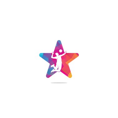 Voleybol oyuncusu yıldız şekilli konsept logo. Soyut voleybol oyuncusu bir sıçramadan atlıyor. Top servis eden voleybol oyuncusu.