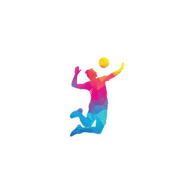 Voleybol oyuncusu logosu. Soyut voleybol oyuncusu sıçrayıştan atlıyor. Top servis eden voleybol oyuncusu.