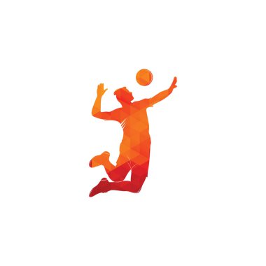 Voleybol oyuncusu logosu. Soyut voleybol oyuncusu sıçrayıştan atlıyor. Top servis eden voleybol oyuncusu.