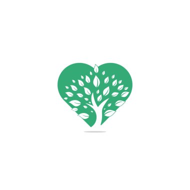 Yeşil ağaç kalp şekilli konsept logo tasarımı. Soyut organik element vektör tasarımı. Ekoloji Mutlu Yaşam Logosu konsept simgesi. Ağaç logosu tasarımı