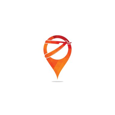 Razor Blade harita pin biçimli logo tasarımı. Basit düz vektör çizimi. Berber dükkanı logosu, etiket. Berber dükkanı logosu ve berber jileti.