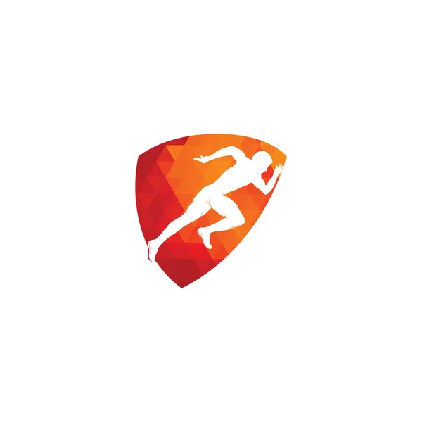 Concetto Forma Dello Scudo Corsa Maratona Logo Vector Design Simbolo — Vettoriale Stock