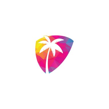 Tropik plaj ve palmiye ağacı logosu tasarımı. Yaratıcı basit palmiye ağacı kalkanı konsept vektör logosu tasarımı