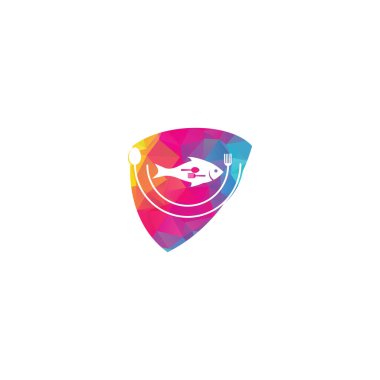 Balık kaşığı çatal logosu tasarım vektörü. Balık yemi logosu. Yiyecek logosu