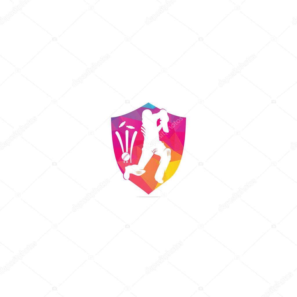 Batsman playing cricket shield shape concept logo. Cricket competition logo. Cricket championship. Cricket wicket and ball logo. Cricket logo