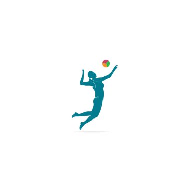 Dişi voleybol oyuncusu logosu. Soyut voleybol oyuncusu bir sıçramadan atlıyor. Top servis eden voleybol oyuncusu.
