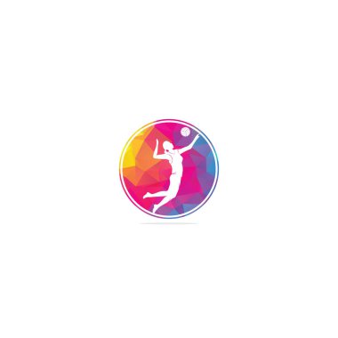 Dişi voleybol oyuncusu logosu. Soyut voleybol oyuncusu bir sıçramadan atlıyor. Top servis eden voleybol oyuncusu.