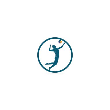Dişi voleybol oyuncusu logosu. Soyut voleybol oyuncusu bir sıçramadan atlıyor. Top servis eden voleybol oyuncusu.