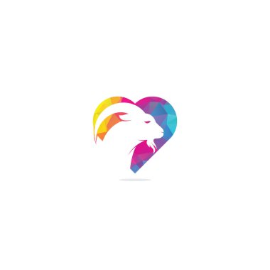 Keçi kalbi şekilli logo şablonu tasarımı. Dağ keçisi logosu tasarımı. Keçi başı Logo Şablonu vektör resimleme tasarımı