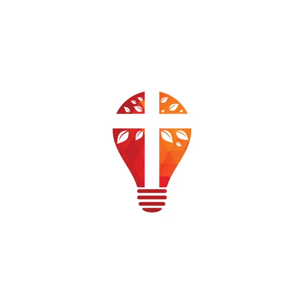 クロスチャーチ電球形状のコンセプトロゴデザイン 概要ツリーの宗教的シンボルアイコンベクトルデザイン 教会とキリスト教団体のロゴ クロスツリー教会のロゴ — ストックベクタ