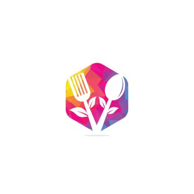 Sağlıklı Gıda Logosu tasarımı. Organik Gıda Logosu. Kaşık, çatal ve yapraklı yemek logosu. Yemek logosu. Yaprak çatal bıçak, sağlıklı yemek logosu.