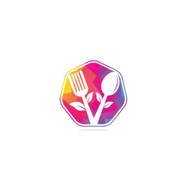 Sağlıklı Gıda Logosu tasarımı. Organik Gıda Logosu. Kaşık, çatal ve yapraklı yemek logosu. Yemek logosu. Yaprak çatal bıçak, sağlıklı yemek logosu.