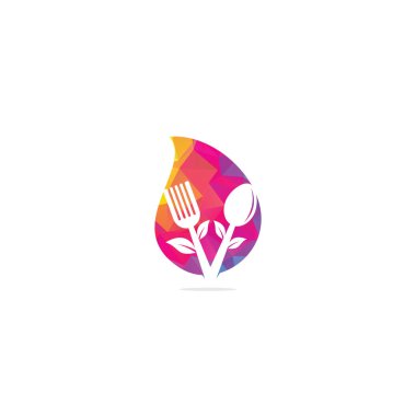 Sağlıklı yiyecek bırakma şekli logo tasarımı. Organik Gıda Logosu. Kaşık, çatal ve yapraklı yemek logosu. Yiyecek logosu.