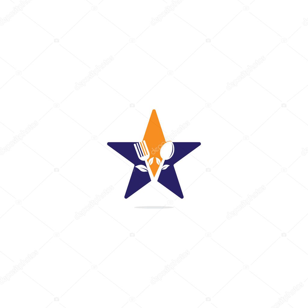 Healthy Food star shape concept Logo design. Organic Food Logo . Food logo with spoon, fork, and leaves. Food logo. Leaf cutlery healthy food Logo