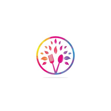 Sağlıklı Gıda Logosu tasarımı. Organik Gıda Logosu. Kaşık, çatal ve yapraklı yemek logosu. Yemek logosu. Yaprak çatal bıçak, sağlıklı yemek logosu.