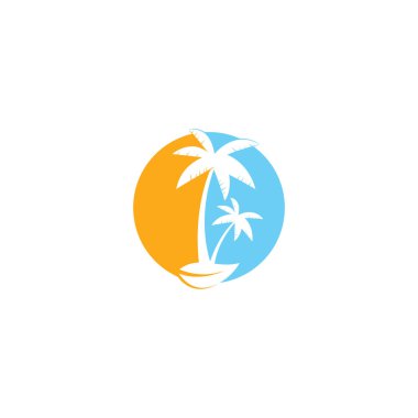 Tropik plaj ve palmiye ağacı logosu tasarımı. Yaratıcı basit palmiye ağacı vektör logosu tasarımı. Plaj logosu. Plaj palmiyesi logosu