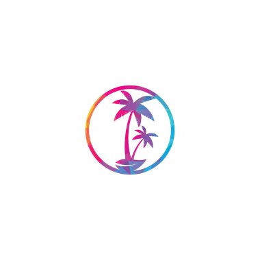 Tropik plaj ve palmiye ağacı logosu tasarımı. Yaratıcı basit palmiye ağacı vektör logosu tasarımı. Plaj logosu. Plaj palmiyesi logosu
