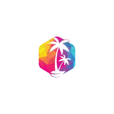 Tropik plaj ve palmiye ağacı logosu tasarımı. Yaratıcı basit palmiye ağacı vektör logosu tasarımı. Plaj logosu. Plaj palmiyesi logosu