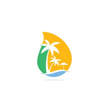 Plaj düşüşü konsept logo tasarım şablonu. Yaz logosu tasarımları. Tropik plaj ve palmiye ağacı logosu tasarımı.
