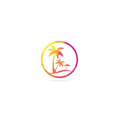 Plaj logosu tasarım şablonu. Yaz logosu tasarımları. Tropik plaj ve palmiye ağacı logosu tasarımı.
