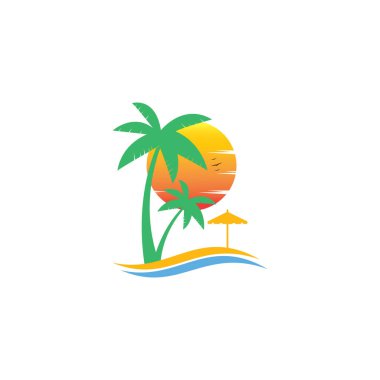 Plaj logosu tasarım şablonu. Yaz logosu tasarımları. Tropik plaj ve palmiye ağacı logosu tasarımı. Plaj palmiyesi logosu