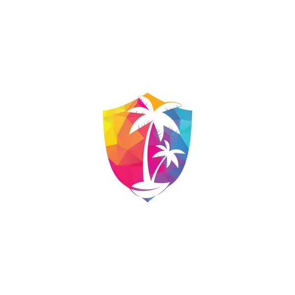 トロピカルビーチとヤシの木のロゴデザイン 簡単なヤシの木のベクトルのロゴデザインを作成します トロピカルビーチシールド形状のコンセプトロゴ — ストックベクタ