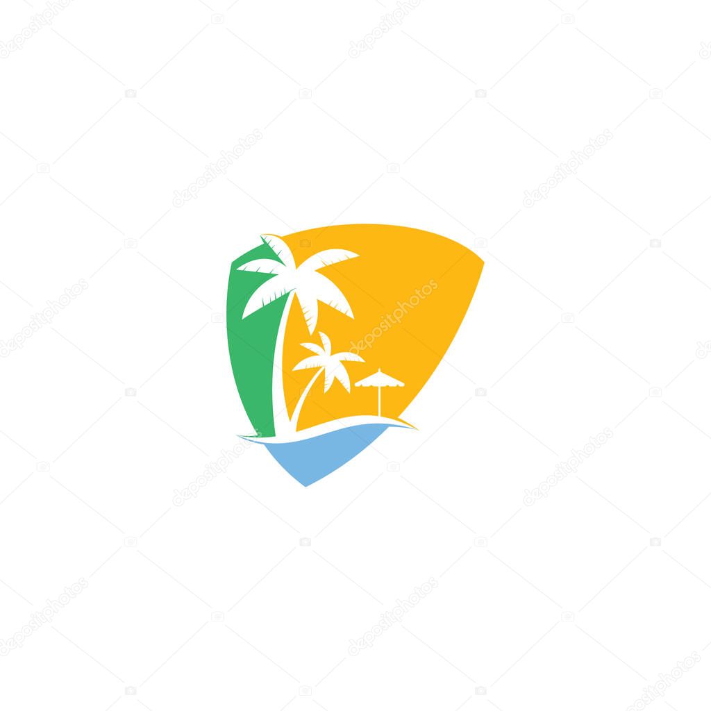 Beach shield shape concept logo design template. summer logo designs. Tropical beach and palm tree logo design.
